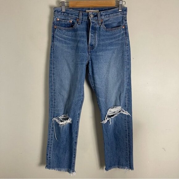 Levi’s Wedgie Straight Jean medium wash cropped ankle raw hem ridged denim sz 27 - Picture 2 of 13